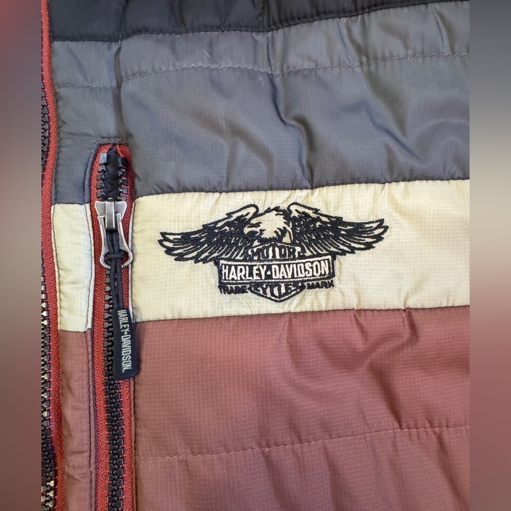 Men's HARLEY DAVIDSON puffer winter JACKET COAT black tan brown strip Logo S - Picture 4 of 7